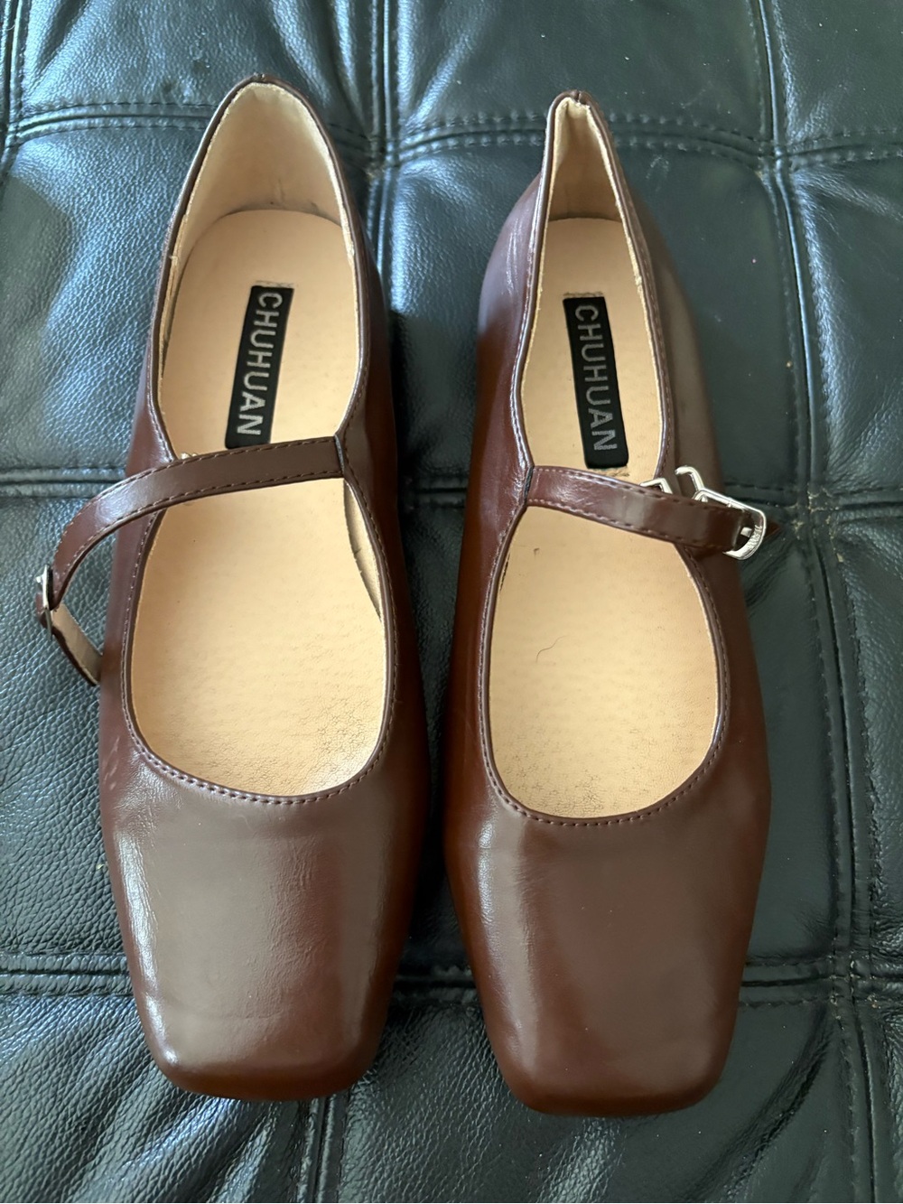 Brown Mary Jane Square-Toe Flats with Buckle Strap